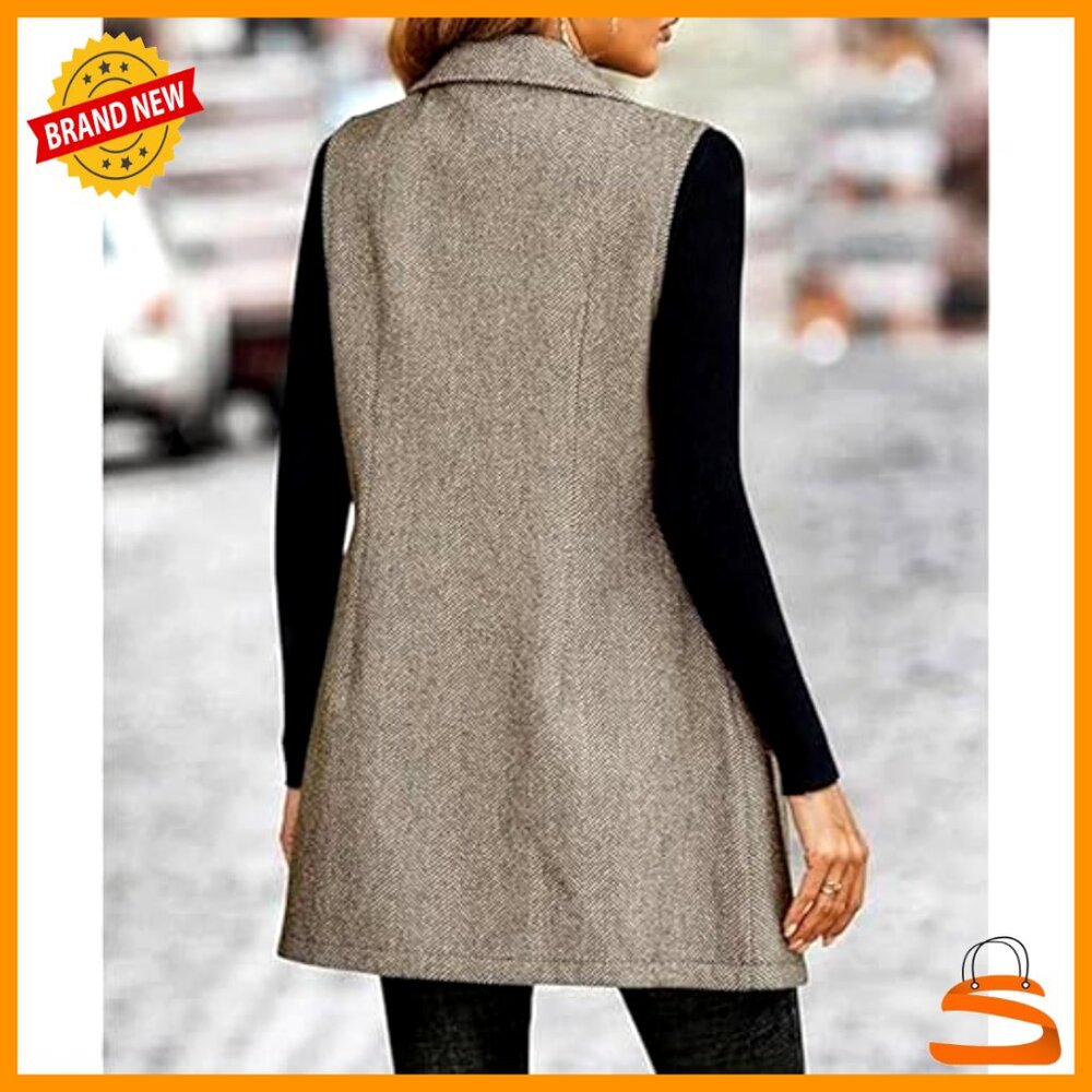 Sleeveless Tweed Vest Longline Blazer Jacket Chic Minimal Casual Outerwear - Picture 5 of 5